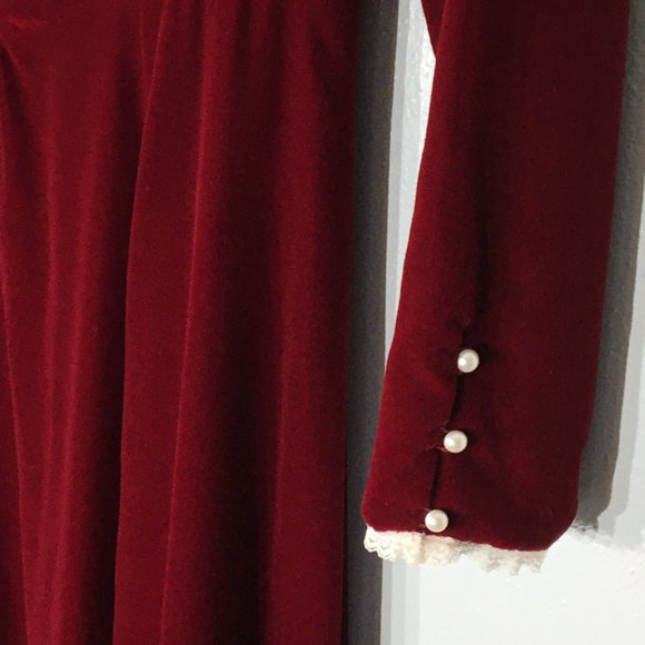 Vintage 60s 70s Victorian Velvet Maroon Maxi Dress, High Lace Neck, Steampunk - Picture 6 of 11